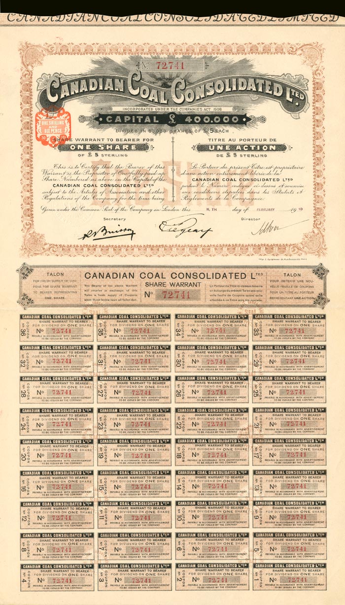 Canadian Coal Consolidated Limited - 1910 dated Canada Stock Certificate